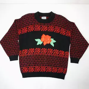 Vintage 80s 90s Adele Knitwear Sweater Roses & Hearts Black Red Shoulder Pads - Picture 1 of 10