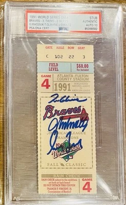 MADDUX GLAVINE SMOLTZ SiGNED 1991 WORLD SERIES TICKET GEM 10 AUTOGRAPHS PSA/DNA - Image 1 of 4