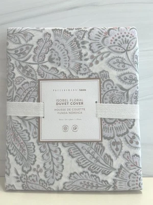 Pottery Barn Isobel 花卉被套灰色/粉红色双色全新带标签 — 第 1/4 张图片