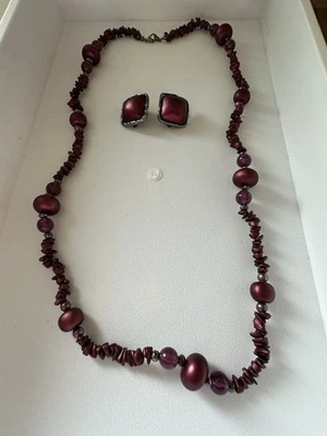 New Without Tags Cranberry Acrylic Beaded Necklace & Clip-On Earrings 28” - Image 1 of 4