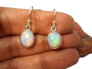 Natural Oval Australian White Opal Drop Earrings - Sterling Silver 925 - Picture 1 of 7