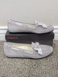 Size 7.5 Women's Vionic Alice Slip On Fur Lined Moccasin Grey Slippers with Bow - Picture 1 of 8