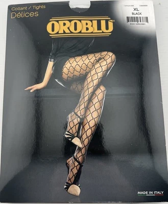Meia-calça Oroblu tamanho XL preta estampada transparente e sexy “Delices” Itália - Imagem 1 de 4