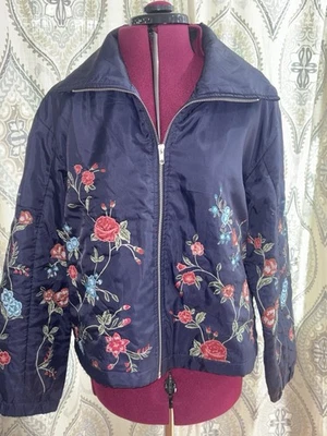 Chaqueta Bomber Anthropologie Bordada Floral Azul Botánica Boho Talla M Foto 1 de 4