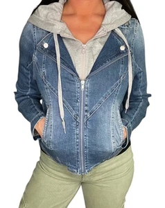 Chaqueta vaquera azul denim con capucha Risen Moto con cordón gris talla L nueva sin etiquetas - Imagen 1 de 8