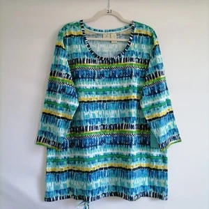 NWT Caribbean Joe Womens Blue & Green Rain Print 3/4 Sleeve Tunic Top Size 1X - Picture 1 of 7