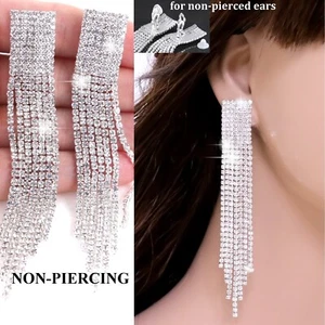 #E121T Pair 4" Long Non-Pierced Clip On Earrings Clear Crystal Tassel Wedding - Picture 1 of 7
