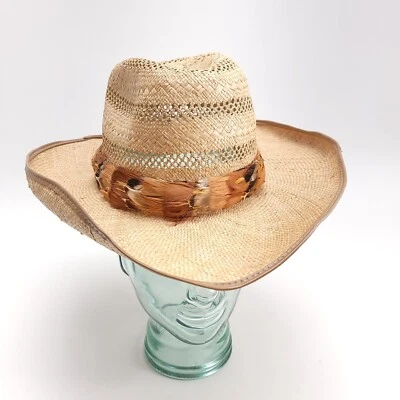 Woven Straw Western Sun Hat Women's Small Feather Band Wire Rim Swiftie Outfit - Image 1 of 4