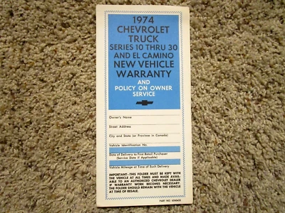 El Camino 1974 y camión propietario plan de protección vehículo nuevo folleto de garantía en blanco Foto 1 de 2