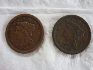 1853 and 1849 BRAIDED HAIR LIBERTY HEAD LARGE ONE CENT - Picture 1 of 3