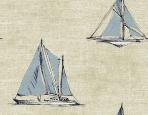 Wallpaper Blue Nautical Sailing Ships on Beige Cream Faux Linen ,60 sq ft bolt - Picture 1 of 3