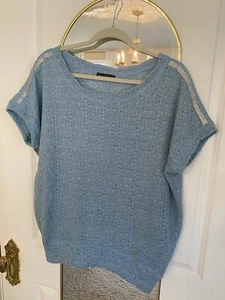Vintage Nally & Millie XL Blue Rhinestone Sleeve Sweater Short Sleeve Soft Knit - Picture 1 of 5