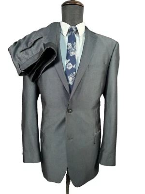 APT. 9 Mens Gray HERRINGBONE ATHLETIC FIT 2 Pc Suit 42L Jacket 35x34 Pant - Image 1 of 4