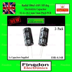 2x Radial 100uF 450V 105 deg 35.4 x 18.2 mm PCB Electrolytic Capacitor PSU - Picture 1 of 1