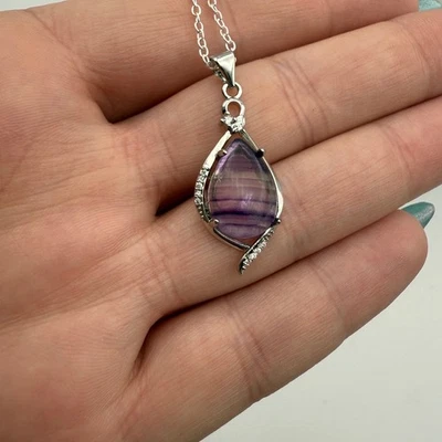 Fluorite Teardrop Purple Necklace Silver Tone Pendant Jewelry Women's Fashion - Image 1 of 3
