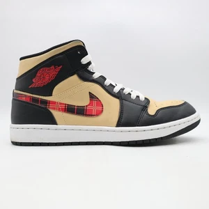 Nike Air Jordan 1 Mid SE Men's 10 Tartan Swoosh Black Red Sneakers DZ5329-001 - Picture 1 of 9