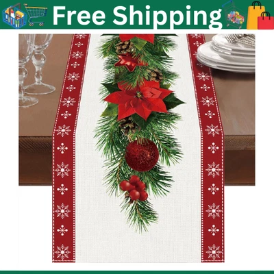 New Best Netnology Watercolor Poinsettia Red Christmas Table Runner with White - Image 1 of 4