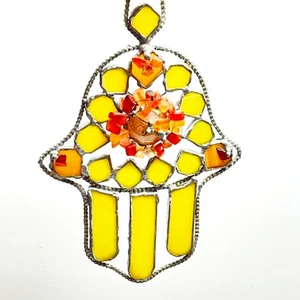 Hamsa Jewish Luck Protection Evil Eye Yellow Stained Glass Carnelian Suncatcher - Picture 1 of 18