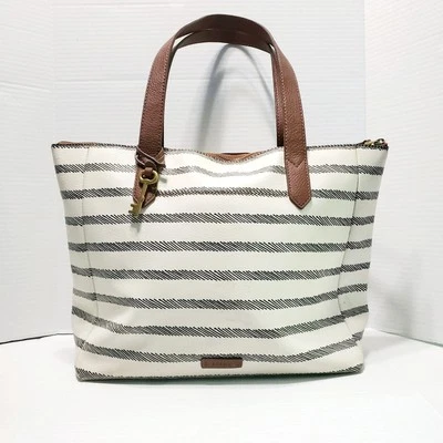 Bolso de Hombro Shopper Fossil Blanco Negro Rayas Cuero Sintético Llavero Dije  Foto 1 de 4