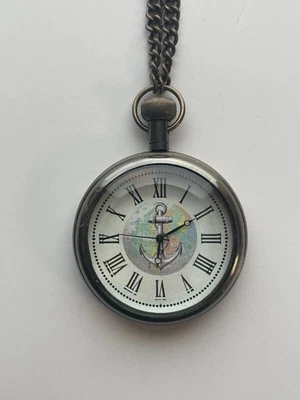 Antique Style Pocket Watch – Nautical Ocean Theme with Anchor & World Map - Image 1 of 4