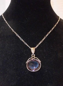 ANTIQUE VICTORIAN LG AMETHYST GLASS PENDANT W/NEW STERLING GOLD WASH NECKLACE - Picture 1 of 8