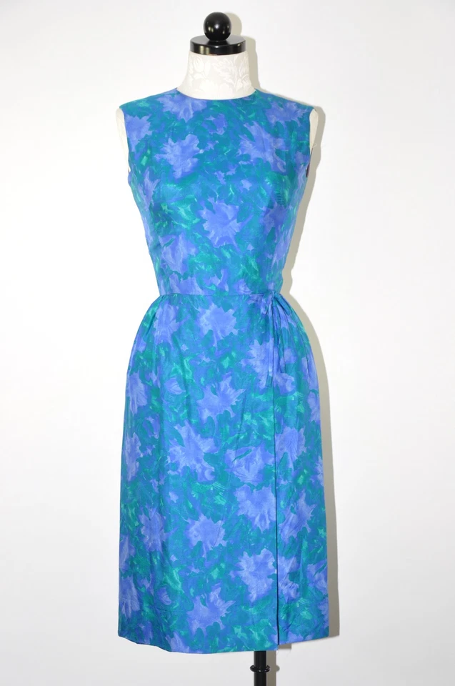 Vestido de cóctel floral de seda azul pavo real iridiscente vintage años 60 para mujer XS S Foto 1 de 4
