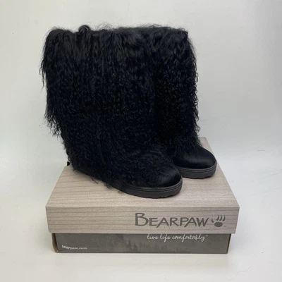 NEW BEARPAW Canada Boetis II Triple Black Mongolian Sheepskin Fur Boots Sz 7 US - Image 1 of 4