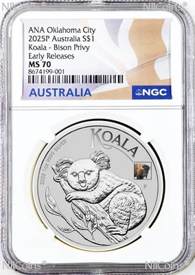 Koala de plata 2025 con bisonte privado NGC MS 70 1 oz $1 ANA Oklahoma WFM Money Fair ER Foto 1 de 2