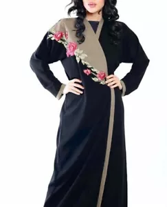 Schwarze Stickerei Dubai offen Abaya Kimono Kaftan mit schwarzem Schal Jalabiya - Bild 1 von 8