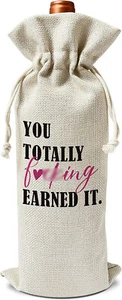 "You Totally F*cking Earned It" Burlap Drawstring Wine Gift Bag 5.5" x 13.5" NEW - Picture 1 of 1