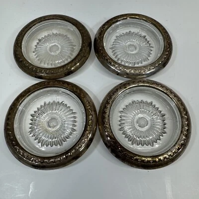 (4) By Raimond Cut Glass & Sterling Rim Coasters Gadroon Edge Starburst Center - Image 1 of 3