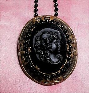New ListingLarge Black Jet Cameo w/ Hair Comb Curls 1910 French Pate de Verre Glass Necklac