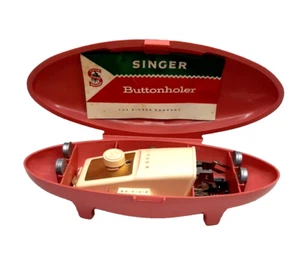 1960's Singer Slant Needle Buttonholer 489500 Pink Case with Templates Vintage - Picture 1 of 11
