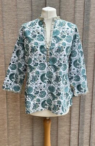 East Tunic Top Blouse Uk 12 Teal Blue Floral & Sequin Indian Cotton Hand Blocked - Picture 1 of 9