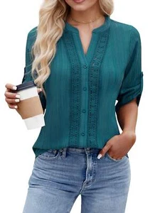 Womens Button Down Shirts Lace Crochet Casual 3/4 Sleeve Tops NEW - Picture 1 of 14