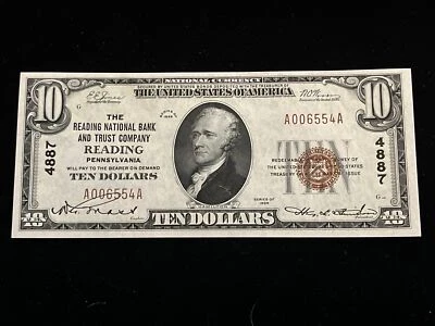 1929 $10 READING NATIONAL BANK & TRUST READING PA NATIONAL CURRENCY CH #4887 GEM - Image 1 of 4