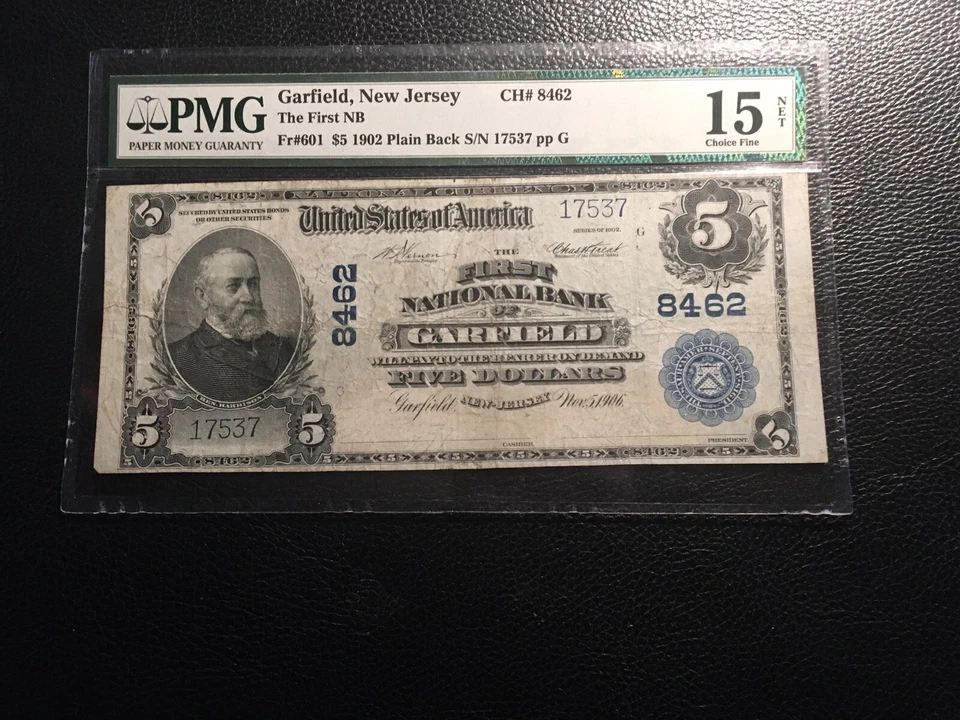 National bank note Garfield New Jersey 11 Large 5.00 Known PMG 15 Net Severed - Image 1 of 4
