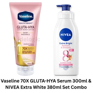 Vaselina 70x GLUTA-HYA Serum Dewy Radiance 300 ml y NIVEA Extra Whlte 380 ml Set - Imagen 1 de 19