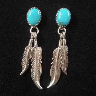 Indianerschmuck Ohrringe Türkis Silberfeder Navajo Sharon McCarthy Western OR314 - Bild 1 von 3