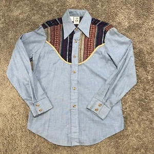 True Vintage 70s Kennington Chambray Western Shirt Size M Blue Native Navajo - Picture 1 of 12