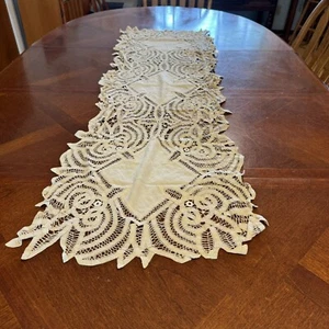 Antique Table Runner Dresser Scarf Battenburg Lace With Stains 54” By 16” - Picture 1 of 7