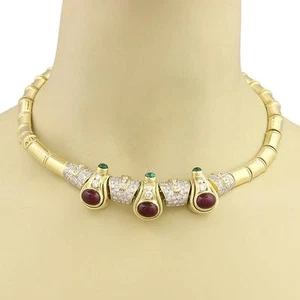Diamond Ruby & Emerald Necklace 18k Yellow Fancy Collar - Picture 1 of 5