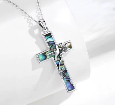 Genuine 925 Sterling Silver Abalone Shell Hummingbird Cross Pendant Necklace - Image 1 of 3