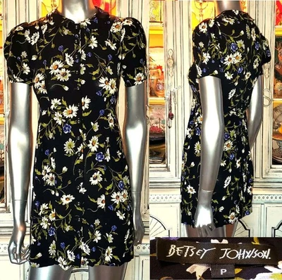 Vintage Betsey Johnson 90s Black Daisy Floral Peter Pan Cottage Mini Dress P S - Image 1 of 4
