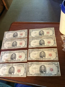 8 Red Seal 1953 5 Dollar Bills Federal Reserve Notes All For One Money  - Picture 1 of 15
