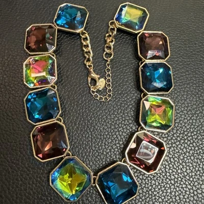 Zara Chunky Crystal Statement Necklace Watermelon Blue Purple Gold SIgned Y2K - Image 1 of 4