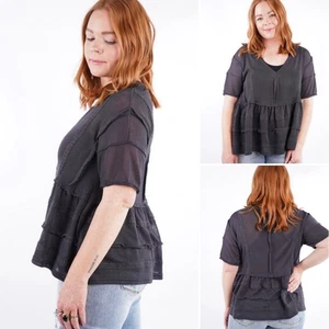 NWOT POL V-neck Babydoll Knit Top LARGE Charcoal Semi-sheer Lightweight Sweater - Picture 1 of 12