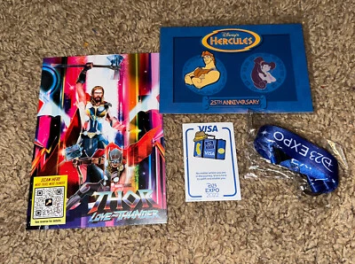 Lot 2022 Disney d23 Thor Collector Cards, Hercules and Visa Pin, d23 lanyard - Image 1 of 4