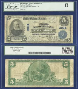 USA 1902 PLAIN BACK $5 FIRST NATIONAL BANK OF SANTA BARBARA CA 2104 - Picture 1 of 1