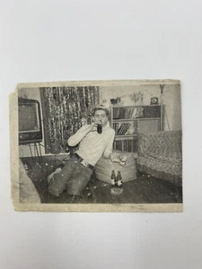 Man Drinking Beer Alcohol On The Floor 1950s Vintage Photo - Picture 1 of 2